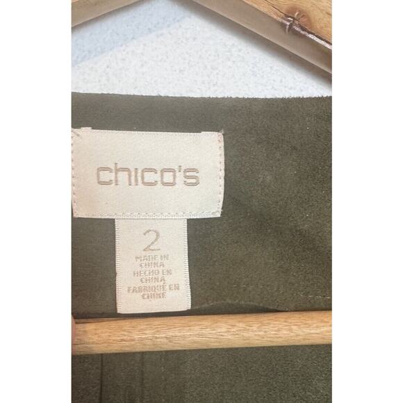 Chicos Olive Green Faux Suede Open Belted Trench Coat Vest Longline Size 2 Large - Picture 8 of 15